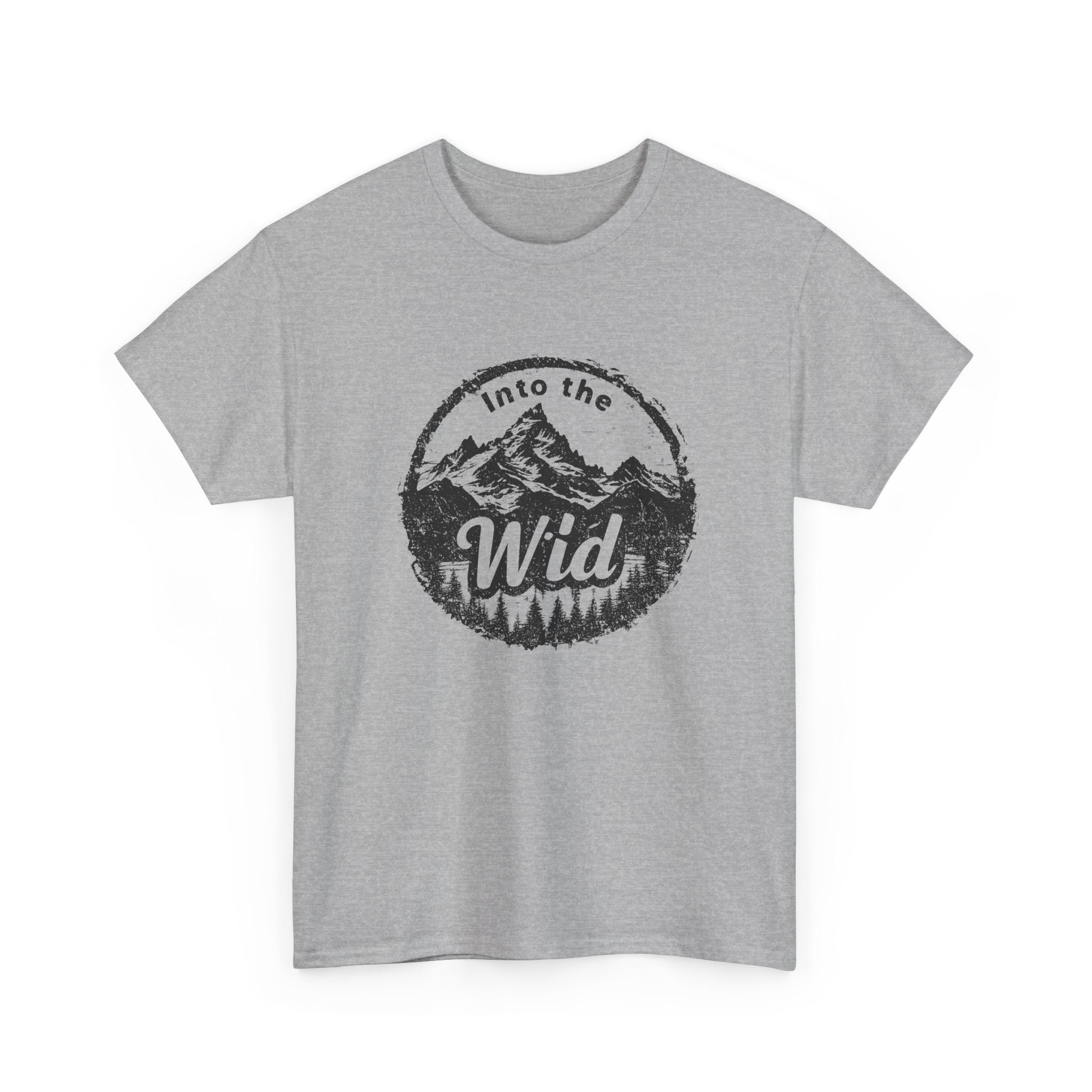 Gray t-shirt with 'Into the Wild' graphic design on a white background