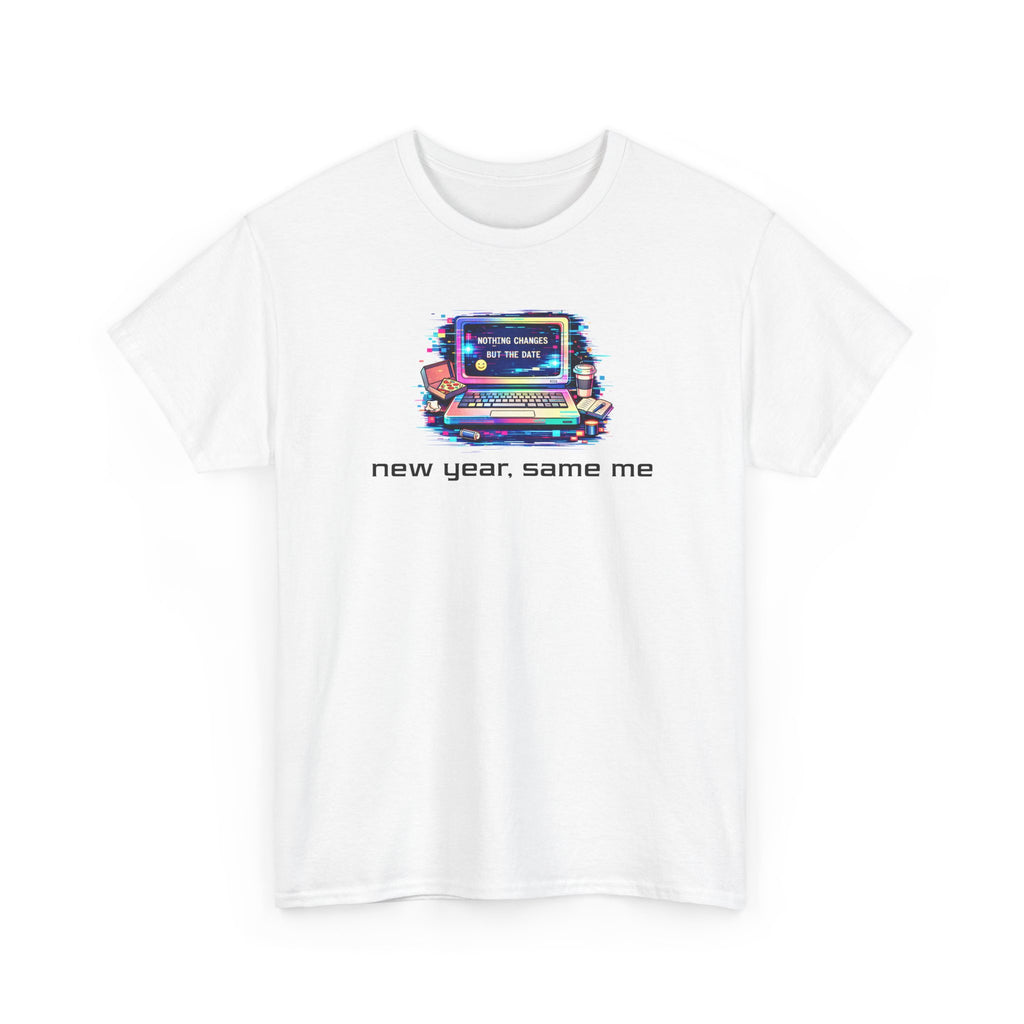 a colorful graphic of a laptop computer in y2k glitch style and text 'new year, same me'