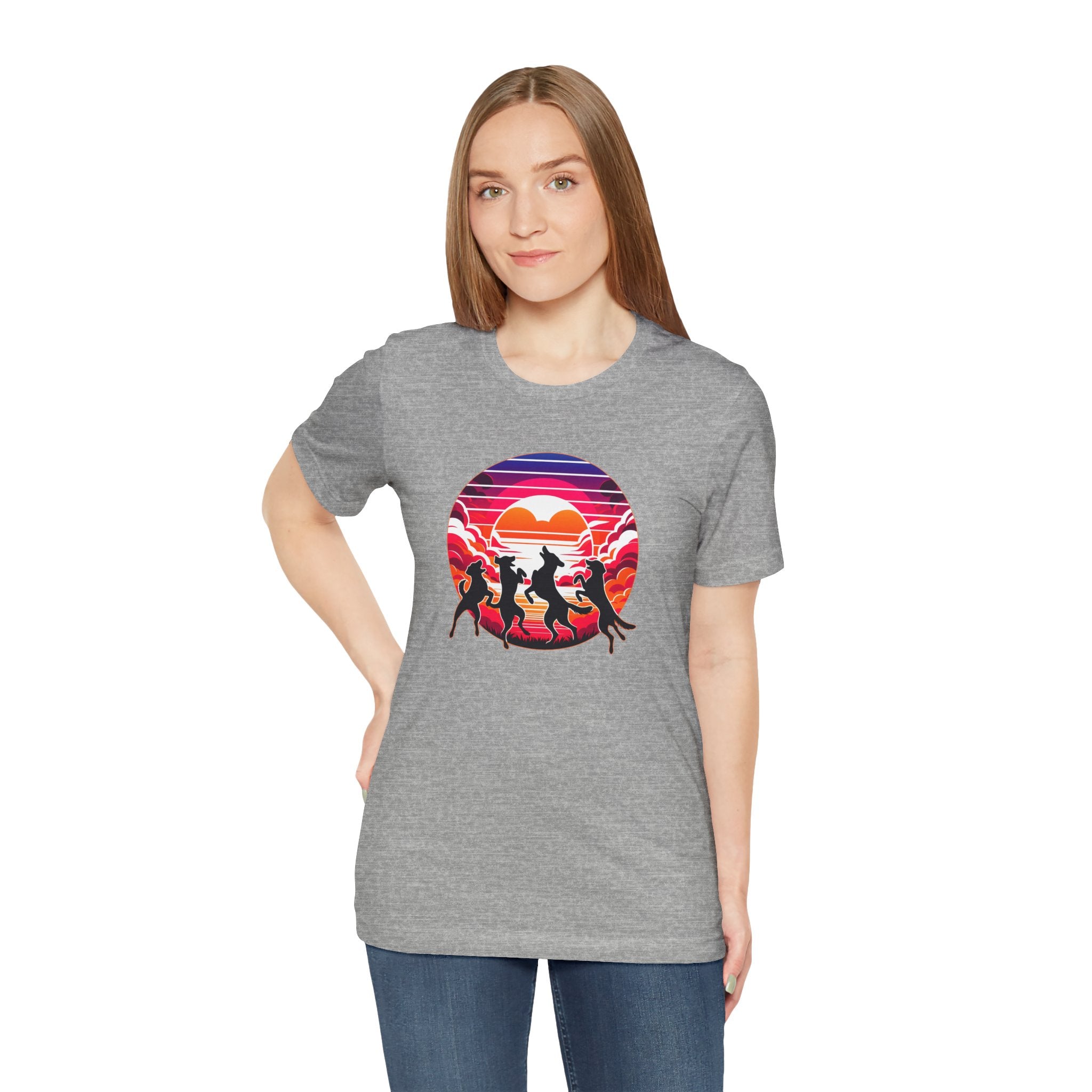 Retro Sunset Dancing Dogs T-Shirt — Vintage Rainbow Skyline Graphic Tee