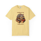 Reading Is My Happy Place T-Shirt — Cute Cat on Books Graphic Tee