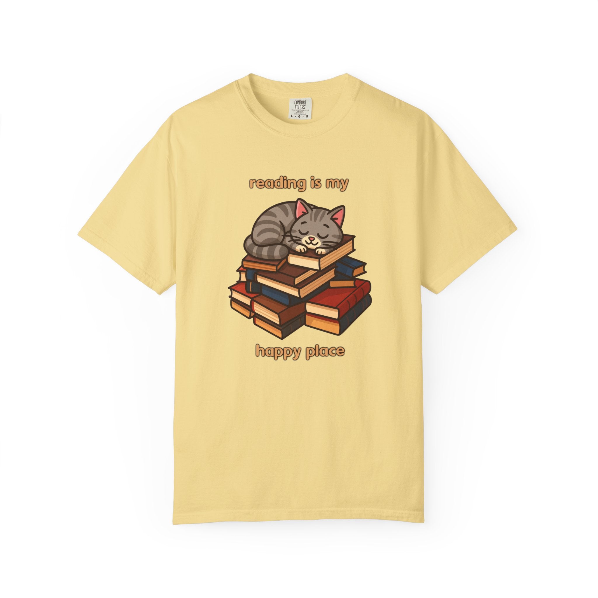 Reading Is My Happy Place T-Shirt — Cute Cat on Books Graphic Tee