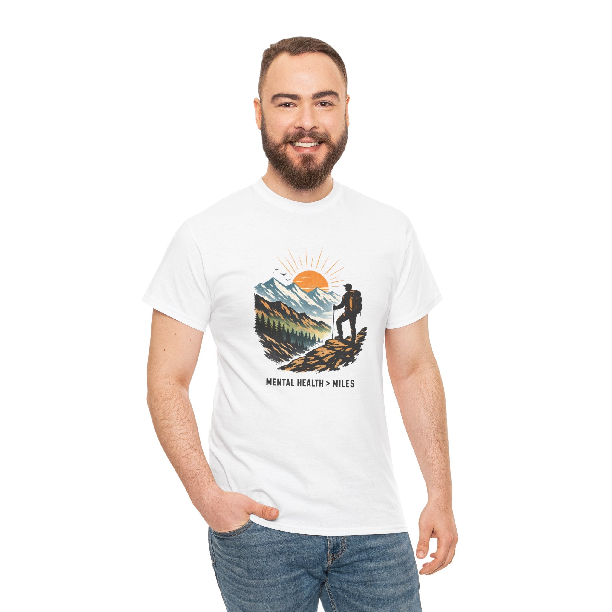 Hiking Graphic Tee — "Mental Health Greater Than Miles" Mountain Sunset Shirt