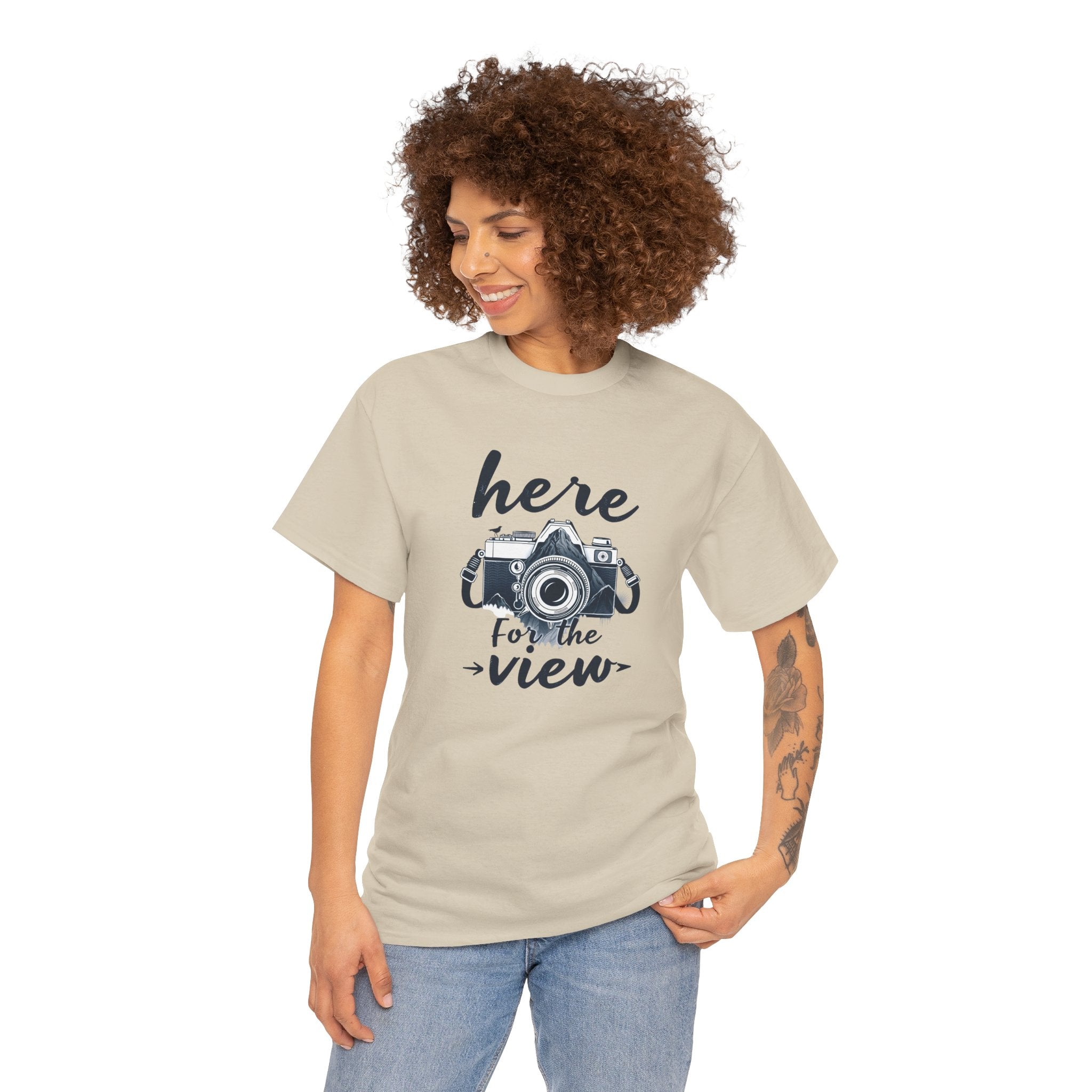 Hiking Tee — "Here for the View" Camera  And Mountain Graphic Shirt
