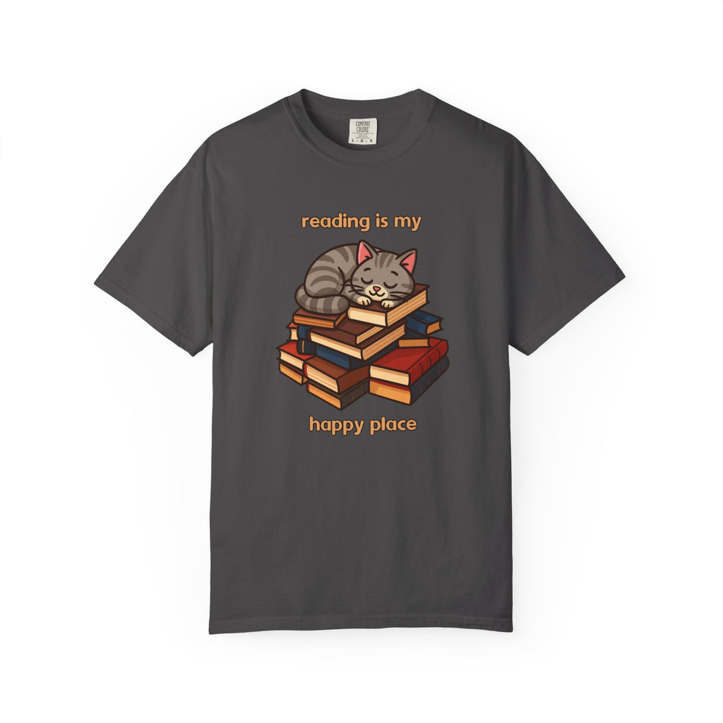 Reading Is My Happy Place T-Shirt — Cute Cat on Books Graphic Tee