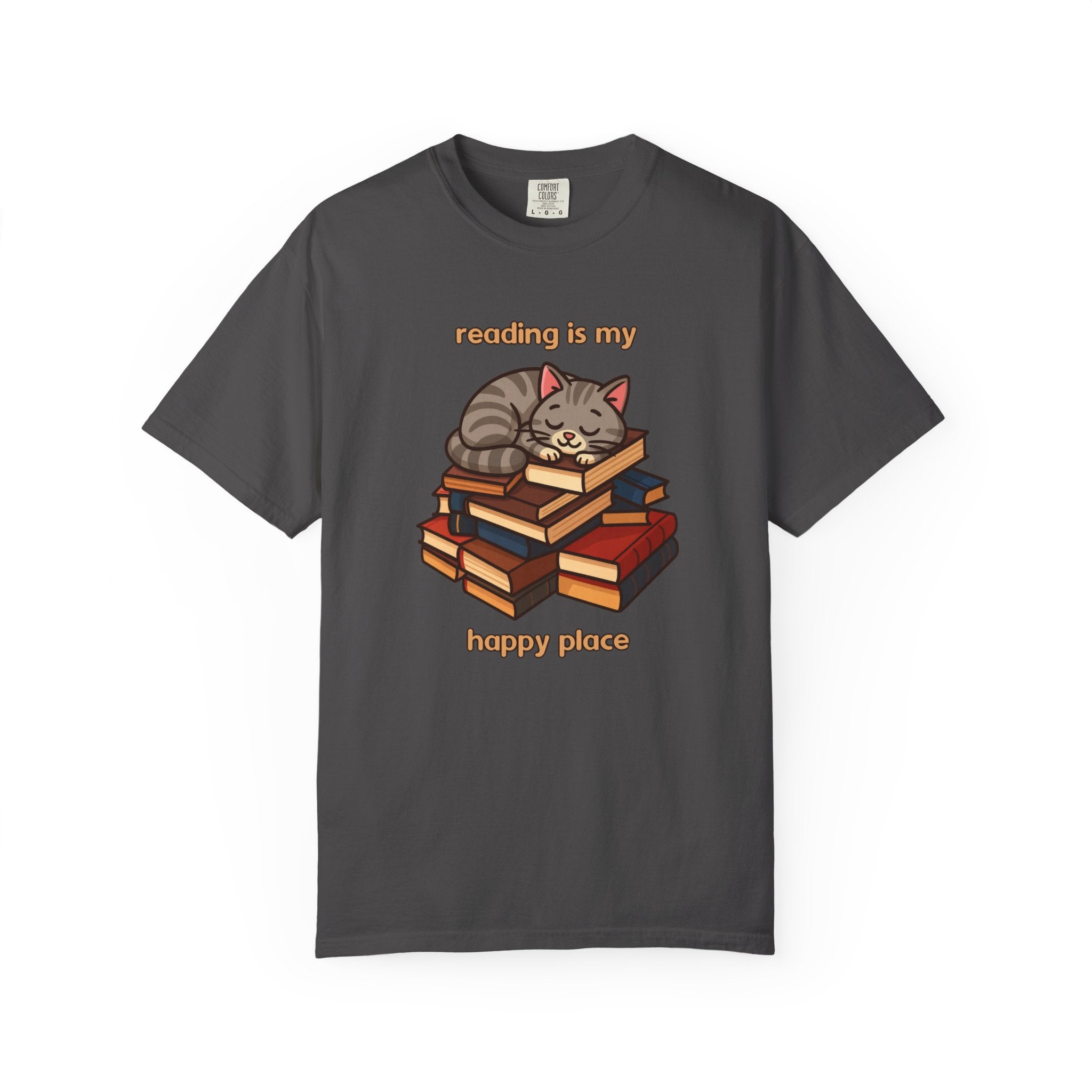 Reading Is My Happy Place T-Shirt — Cute Cat on Books Graphic Tee