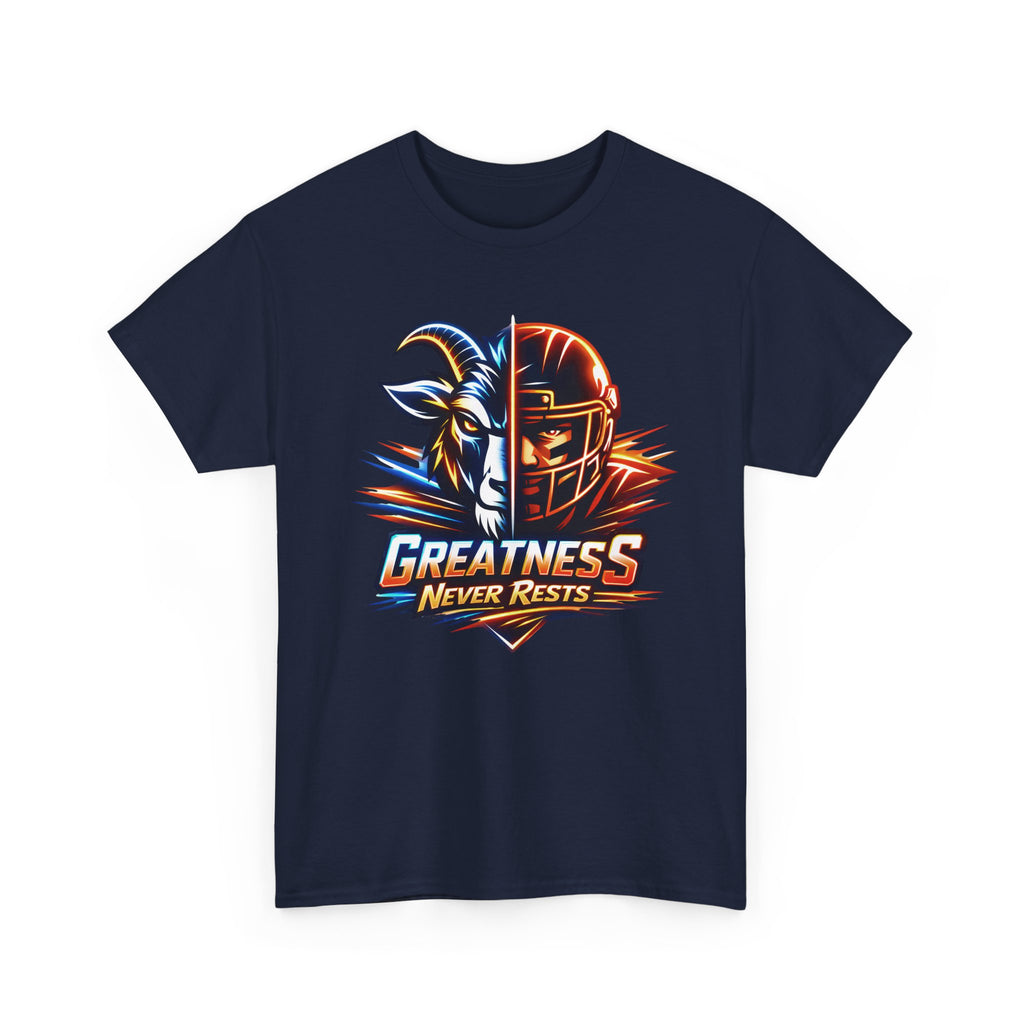 Navy blue t-shirt with a graphic design of a goat and helmet, and 'Greatness Never Rests' text on a white background.