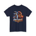 Navy blue t-shirt with a graphic design of a goat and helmet, and 'Greatness Never Rests' text on a white background.