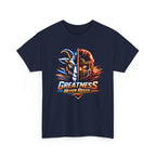Navy blue t-shirt with a graphic design of a goat and helmet, and 'Greatness Never Rests' text on a white background.