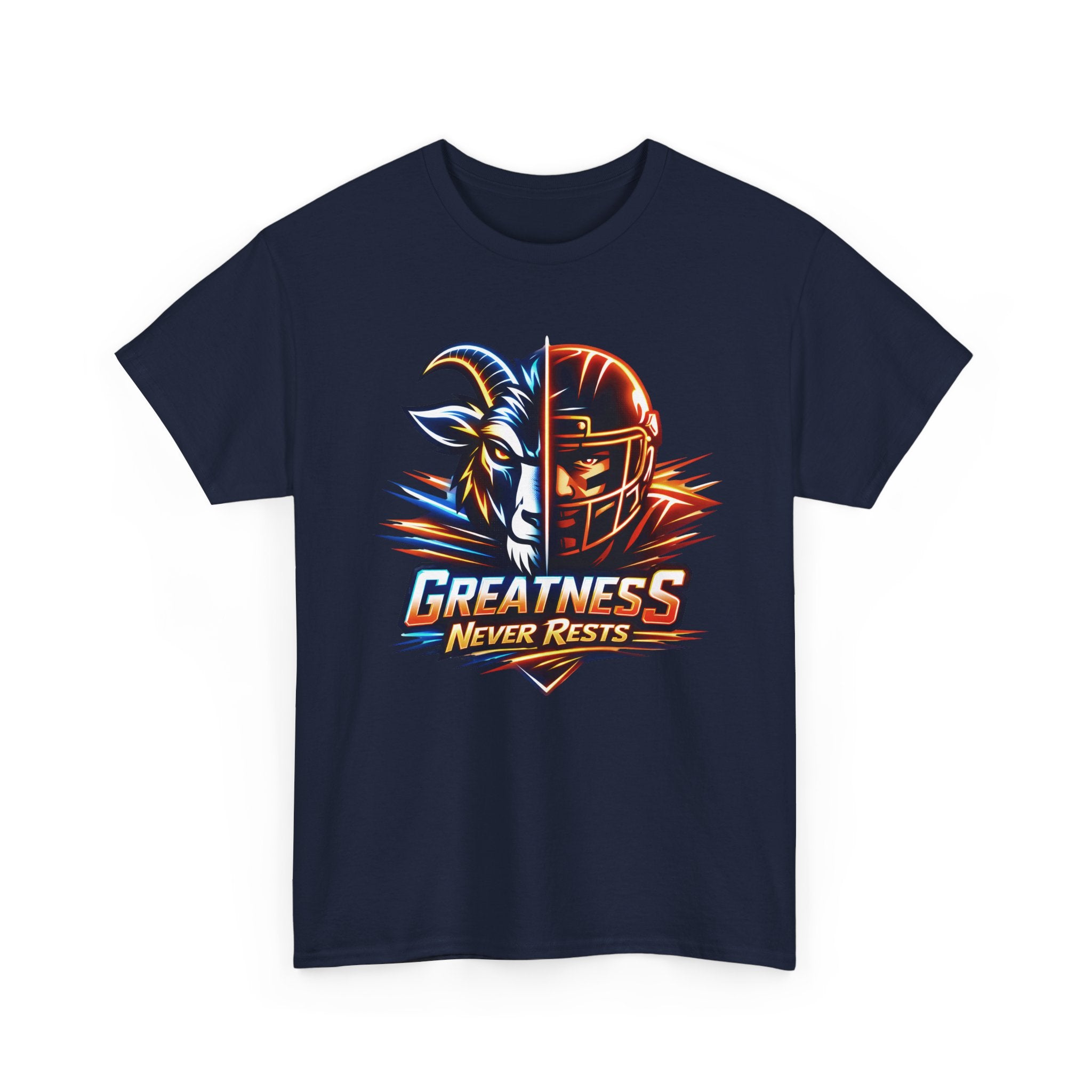 Navy blue t-shirt with a graphic design of a goat and helmet, and 'Greatness Never Rests' text on a white background.