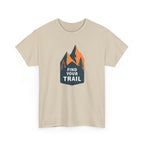 Beige t-shirt with mountain and tree graphic and 'Find Your Trail' text on a white background