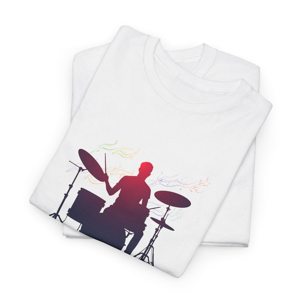 Drummer Silhouette T‑Shirt — Gradient Drum Kit Tee for Musicians & Band Fans