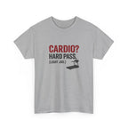 Gray t-shirt with humorous text and treadmill graphic on a white background