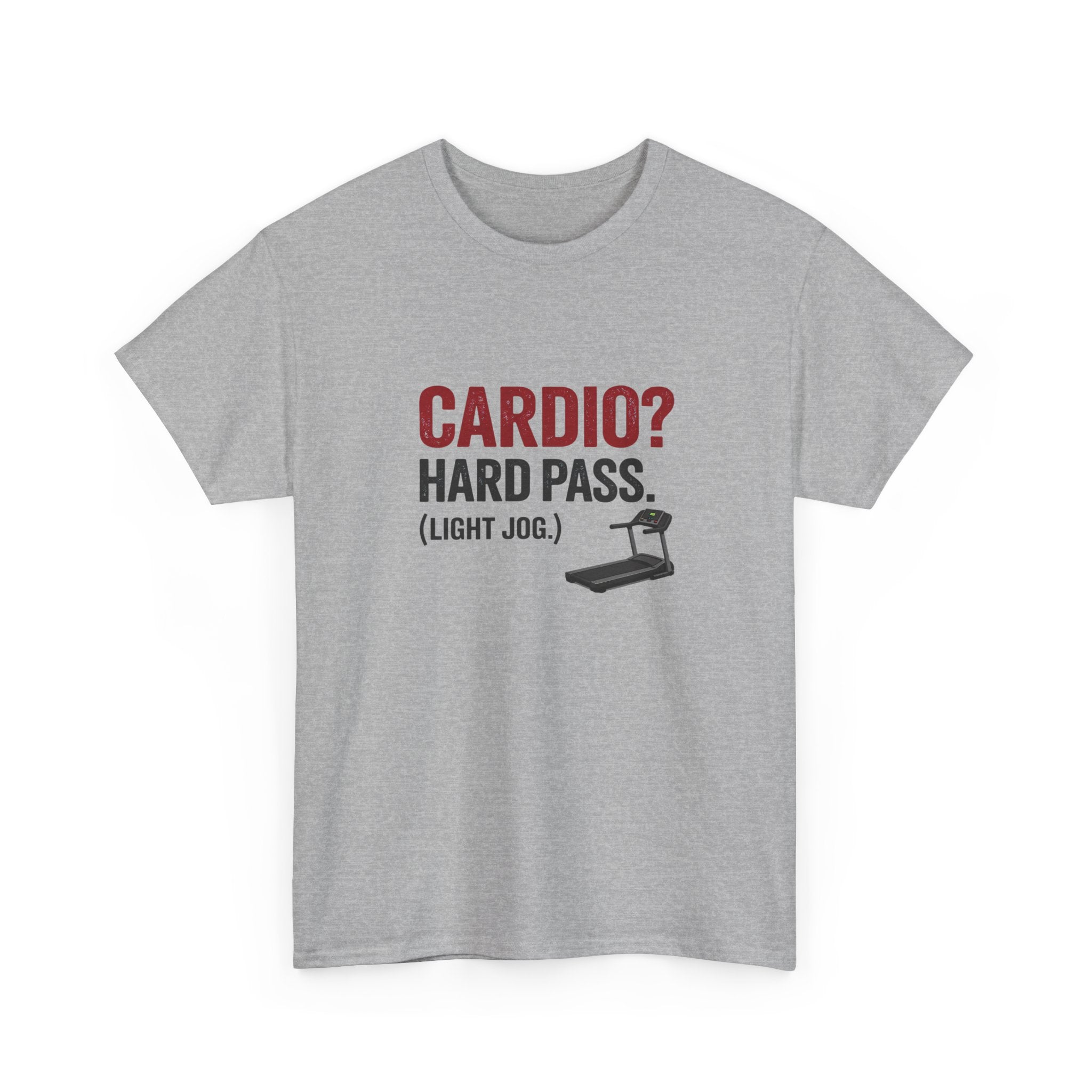 Gray t-shirt with humorous text and treadmill graphic on a white background