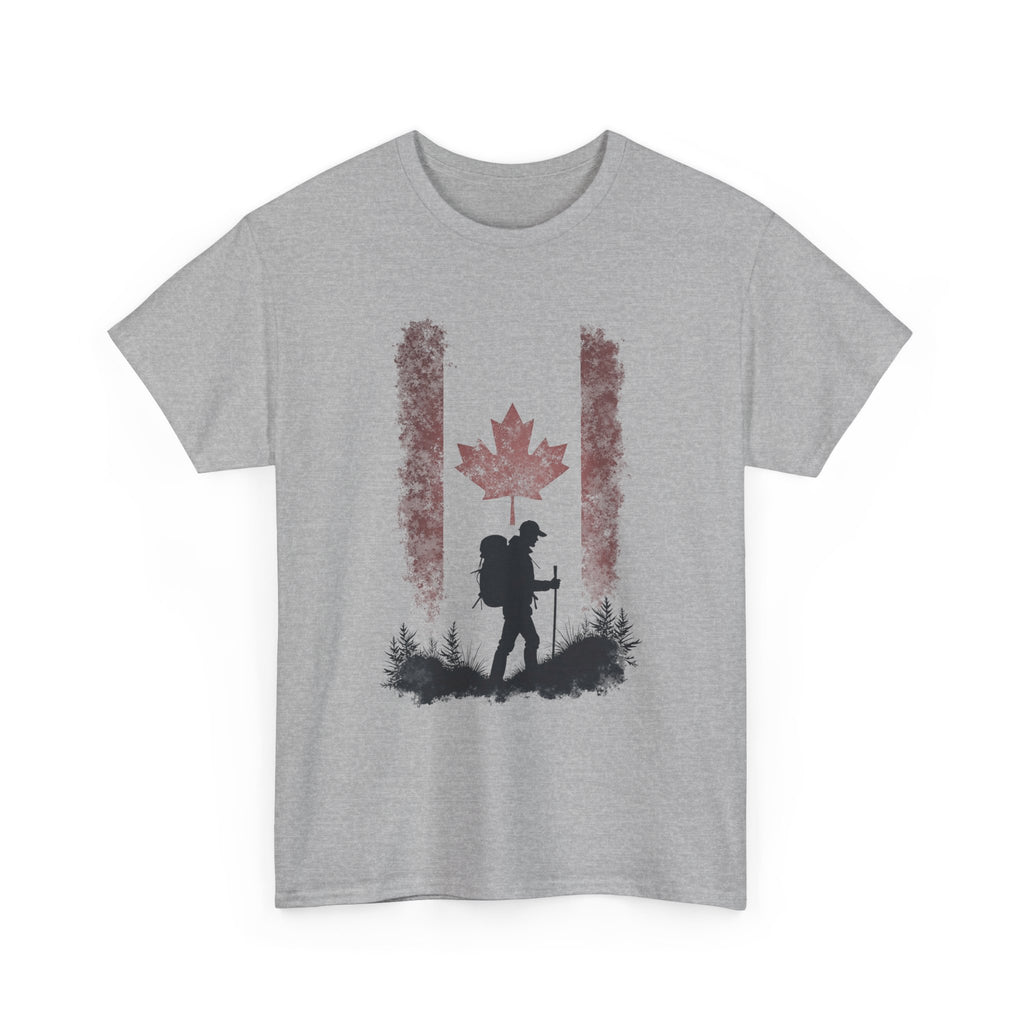 Hiking Canada T‑Shirt — Maple Leaf Backpacker Silhouette Tee