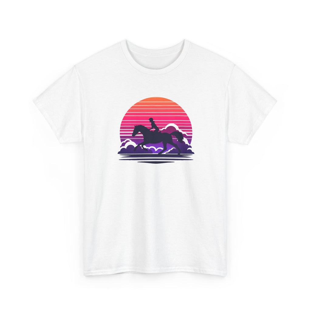 Retro sunset illustration of a horseback rider silhouette galloping through clouds, featuring vibrant pink and purple stripes in a vintage synthwave style.