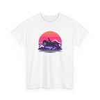 Retro sunset illustration of a horseback rider silhouette galloping through clouds, featuring vibrant pink and purple stripes in a vintage synthwave style.