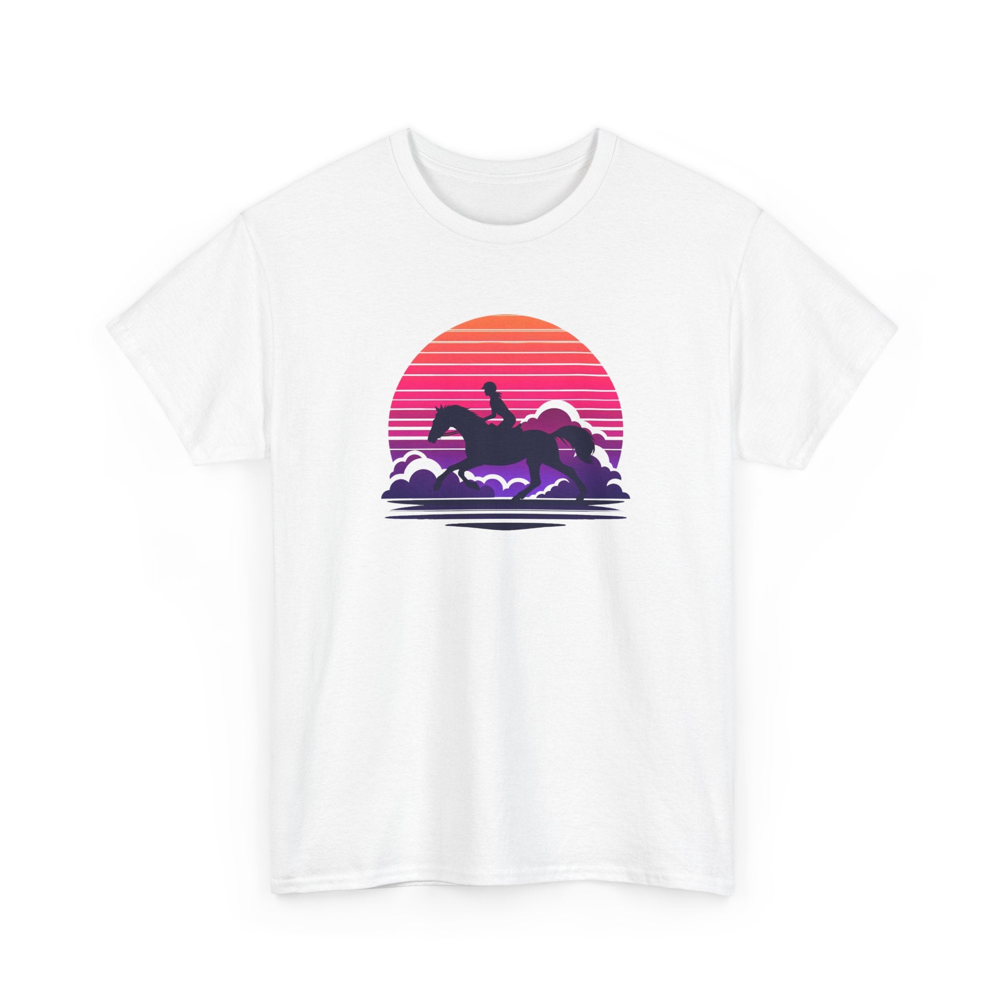 Retro sunset illustration of a horseback rider silhouette galloping through clouds, featuring vibrant pink and purple stripes in a vintage synthwave style.