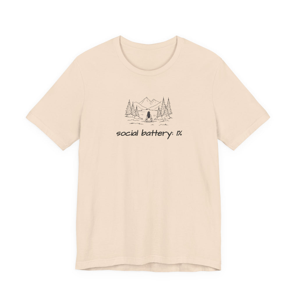 Social Battery Low T-Shirt — Minimal Camping Nature Graphic Introvert Tee