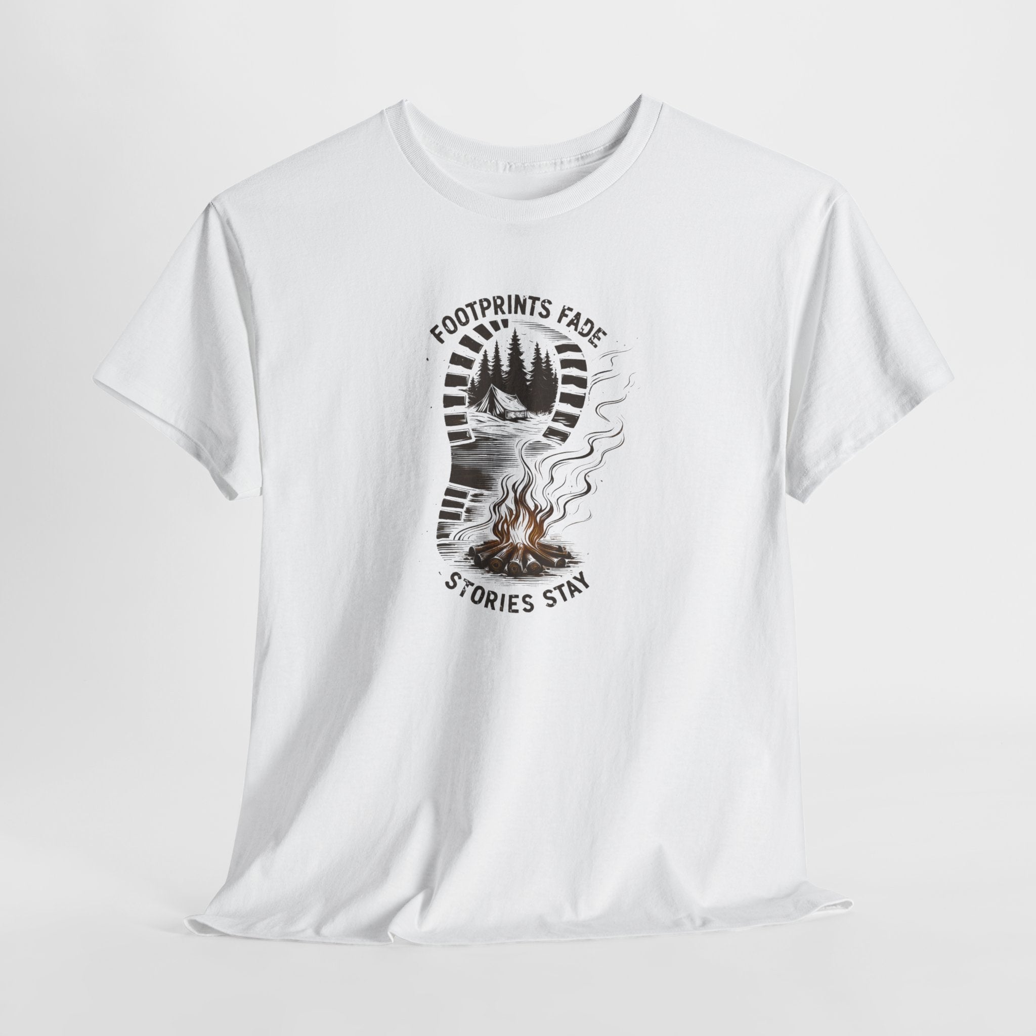 Campfire Adventure Tee — "Footprints Fade, Stories Stay" Outdoor Graphic Shirt