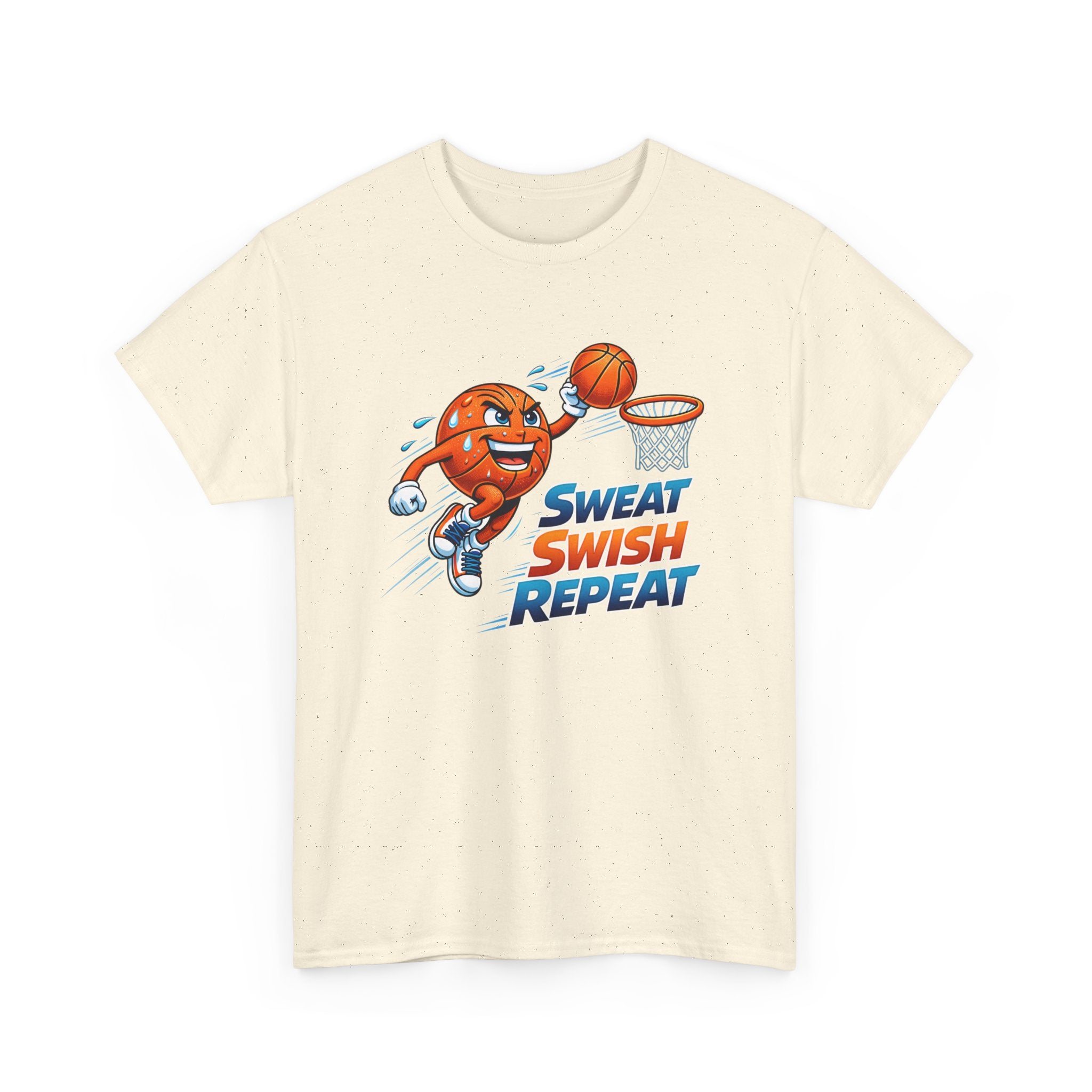Sweat Swish Repeat Basketball T‑Shirt — Fun Hoop Cartoon Graphic Tee