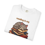 Reading Is My Happy Place T-Shirt — Cute Cat on Books Graphic Tee