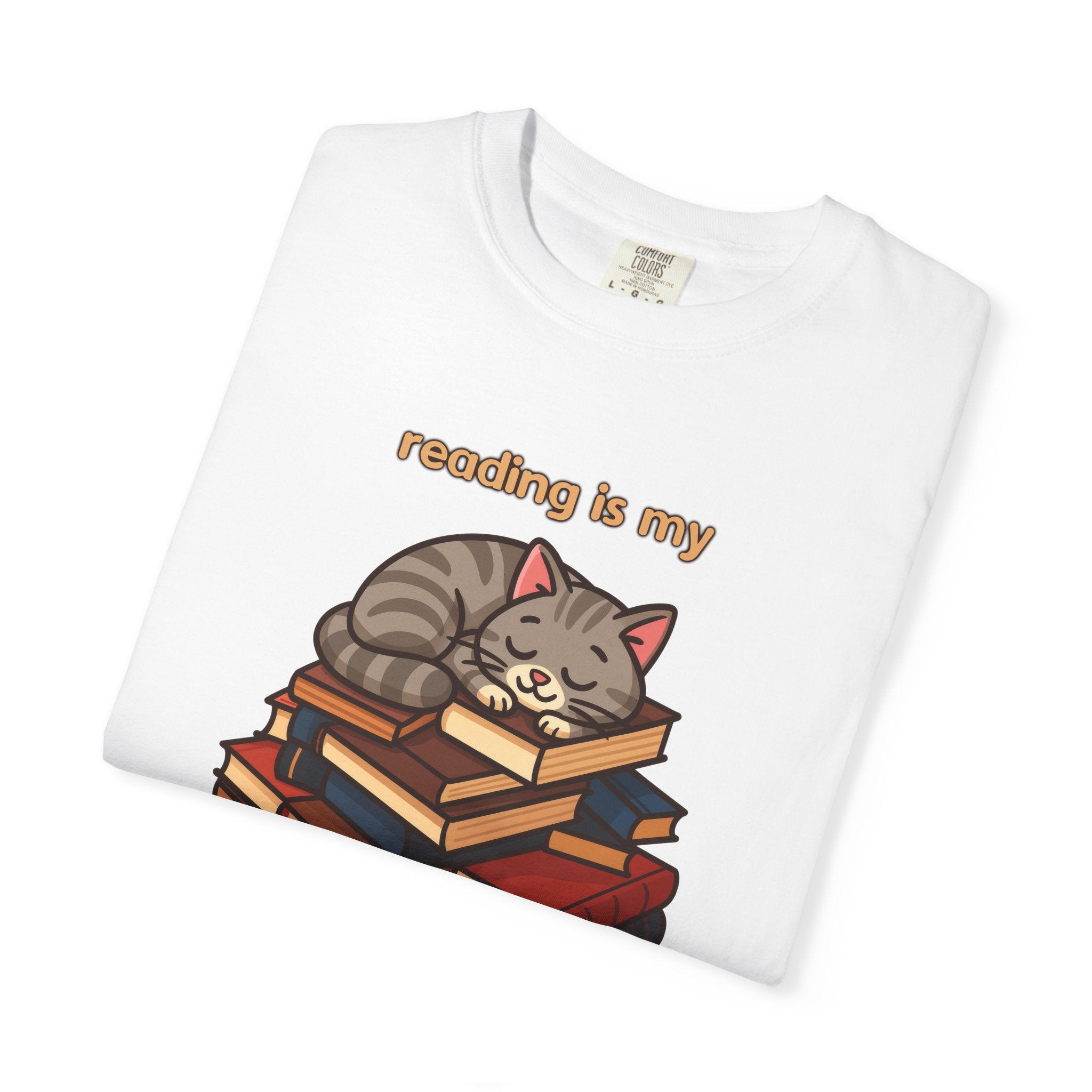 Reading Is My Happy Place T-Shirt — Cute Cat on Books Graphic Tee