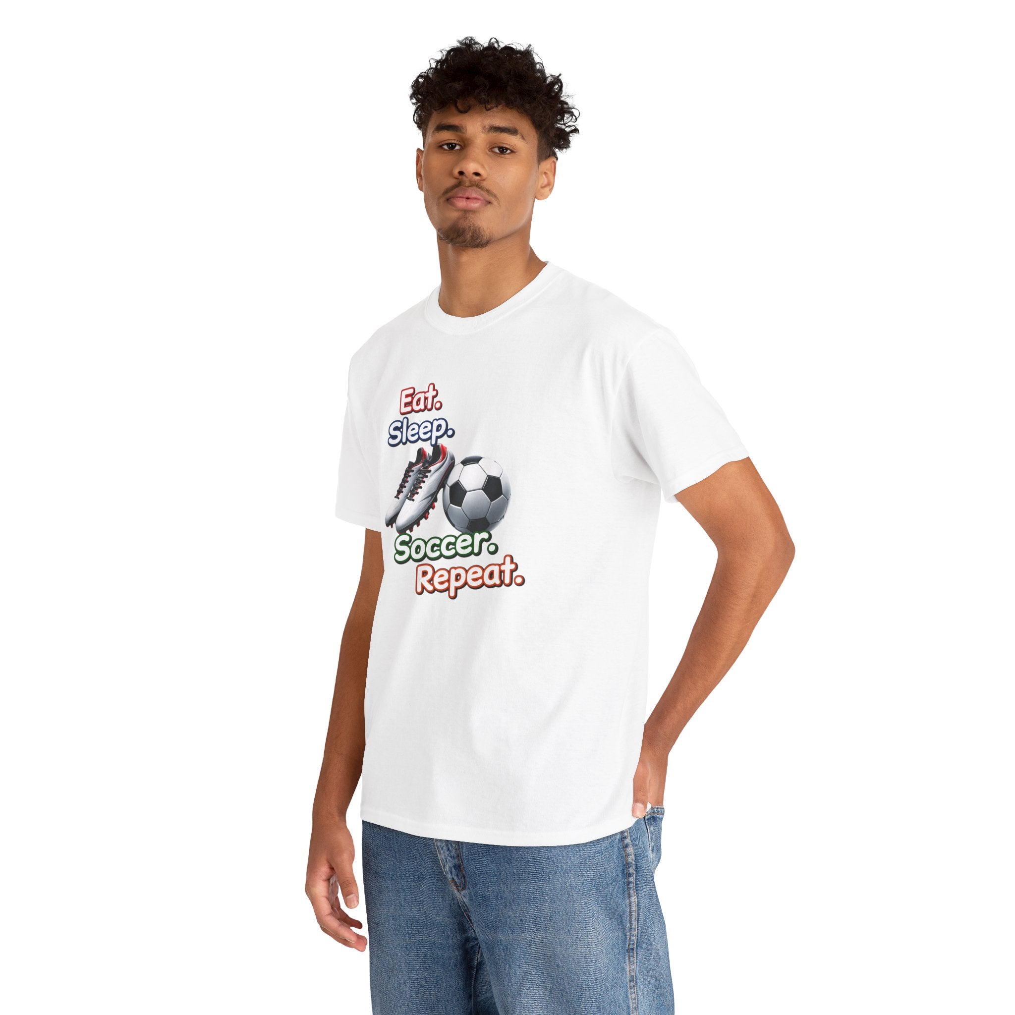 Soccer T-Shirt — "Eat. Sleep. Soccer. Repeat." Graphic Tee for Players & Fans
