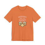 Weekends Are Too Short Tee — Vintage Calendar & Clock Graphic Short Sleeve Shirt