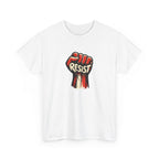 White t-shirt with a graphic of a raised fist holding the word 'Resist' on a white background