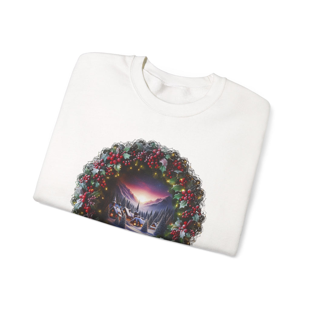 Christmas Wreath Crewneck Sweatshirt — Vintage Winter Scene Christmas Wishes