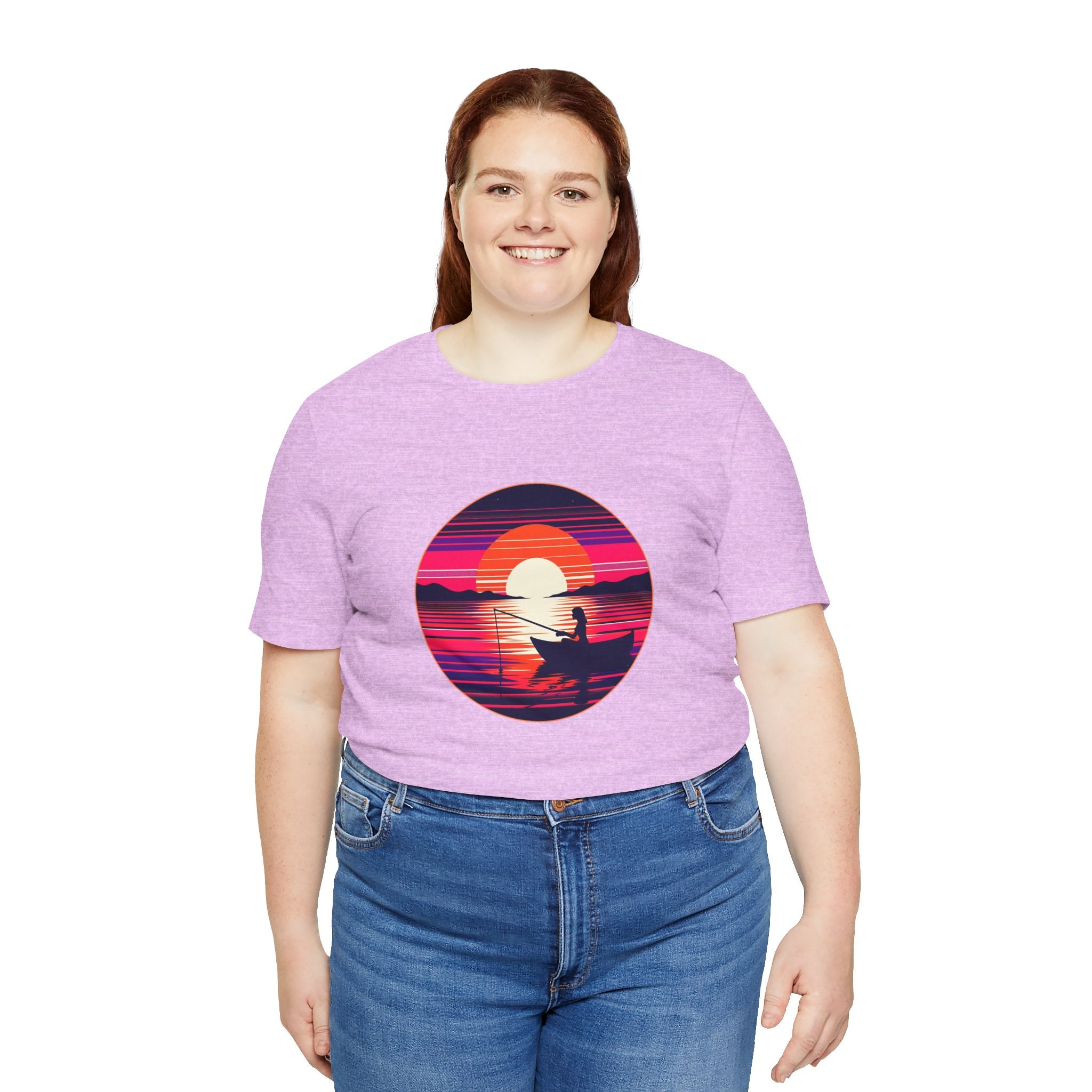 Sunset Fishing T‑Shirt — Retro Ocean Silhouette Tee Woman Fishing