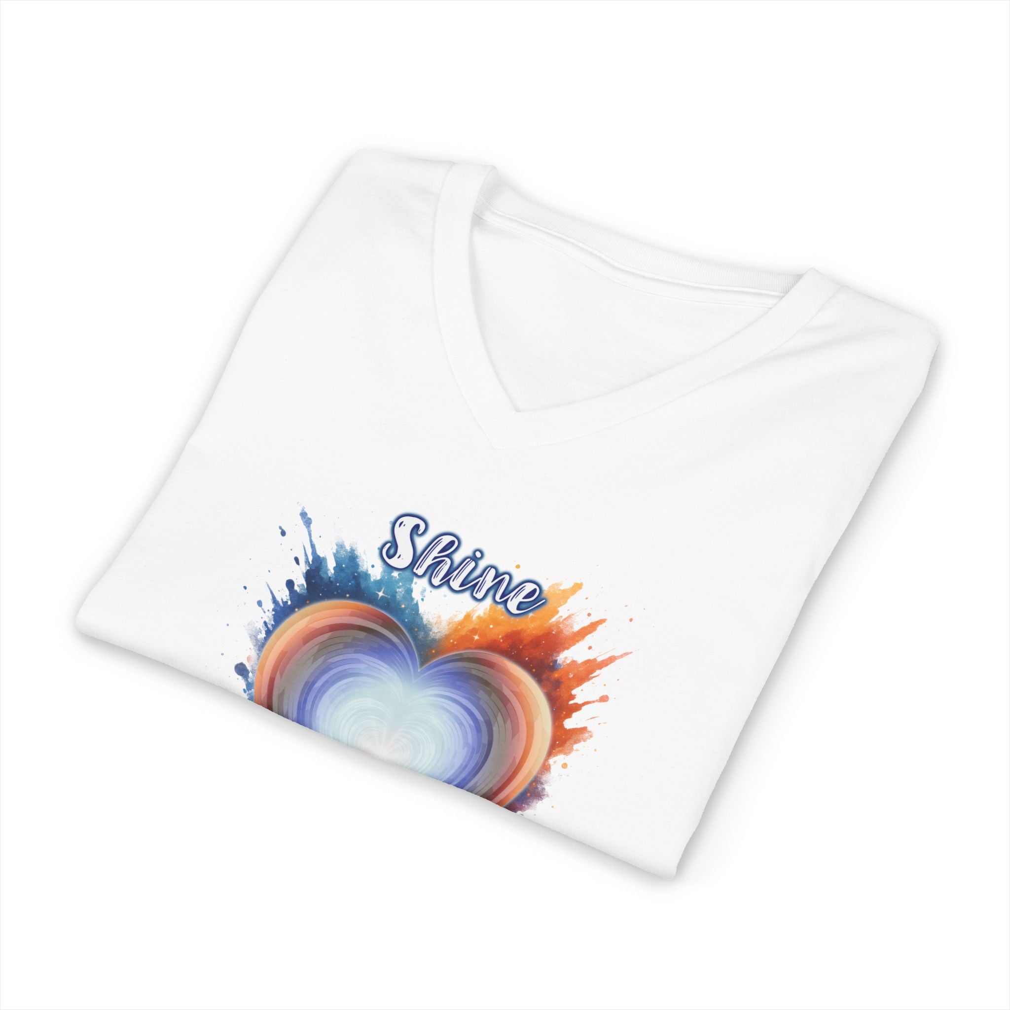 Shine Within V-Neck Tee — Heart Watercolor Splash Flame Design