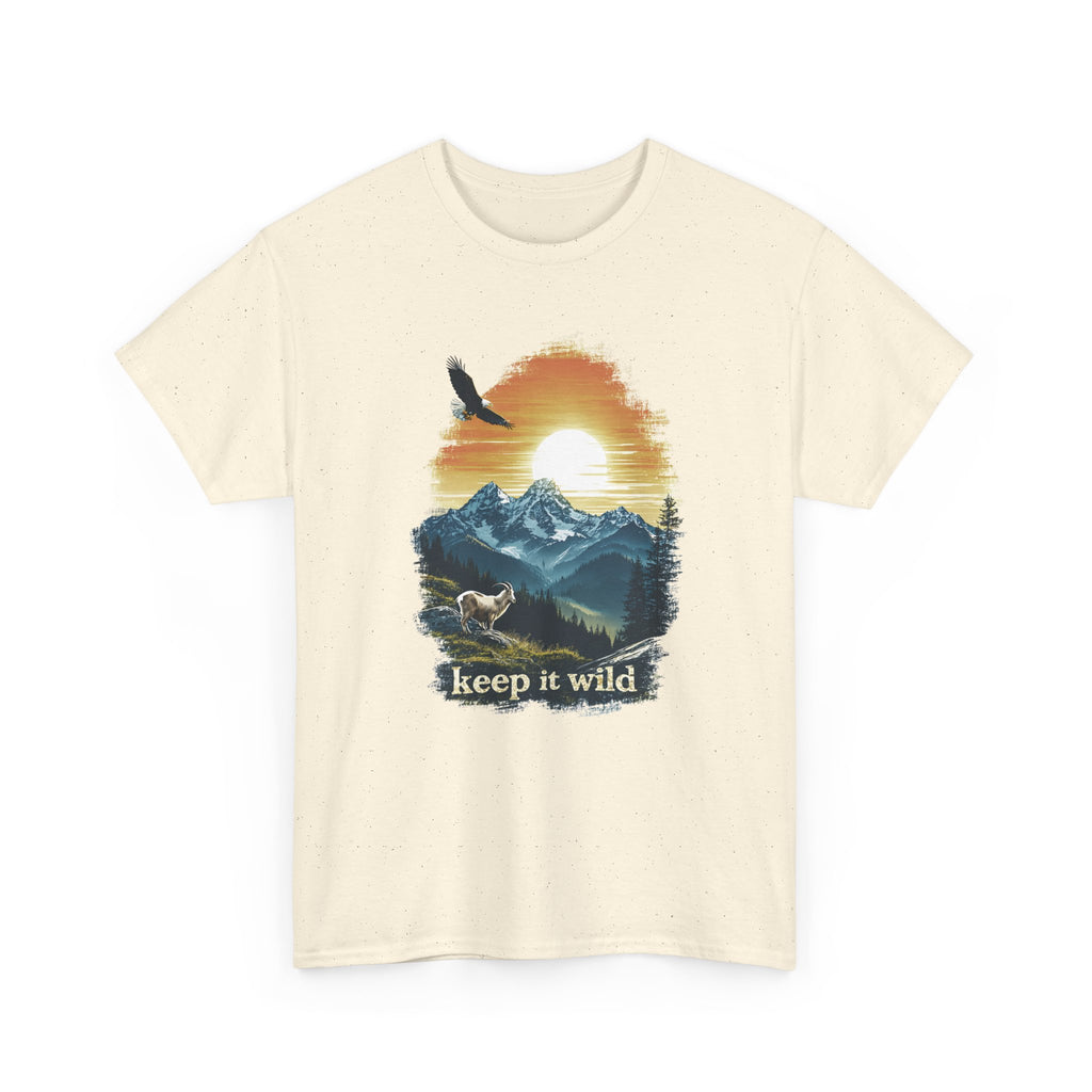 Beige t-shirt with nature graphic and 'keep it wild' text on a white background