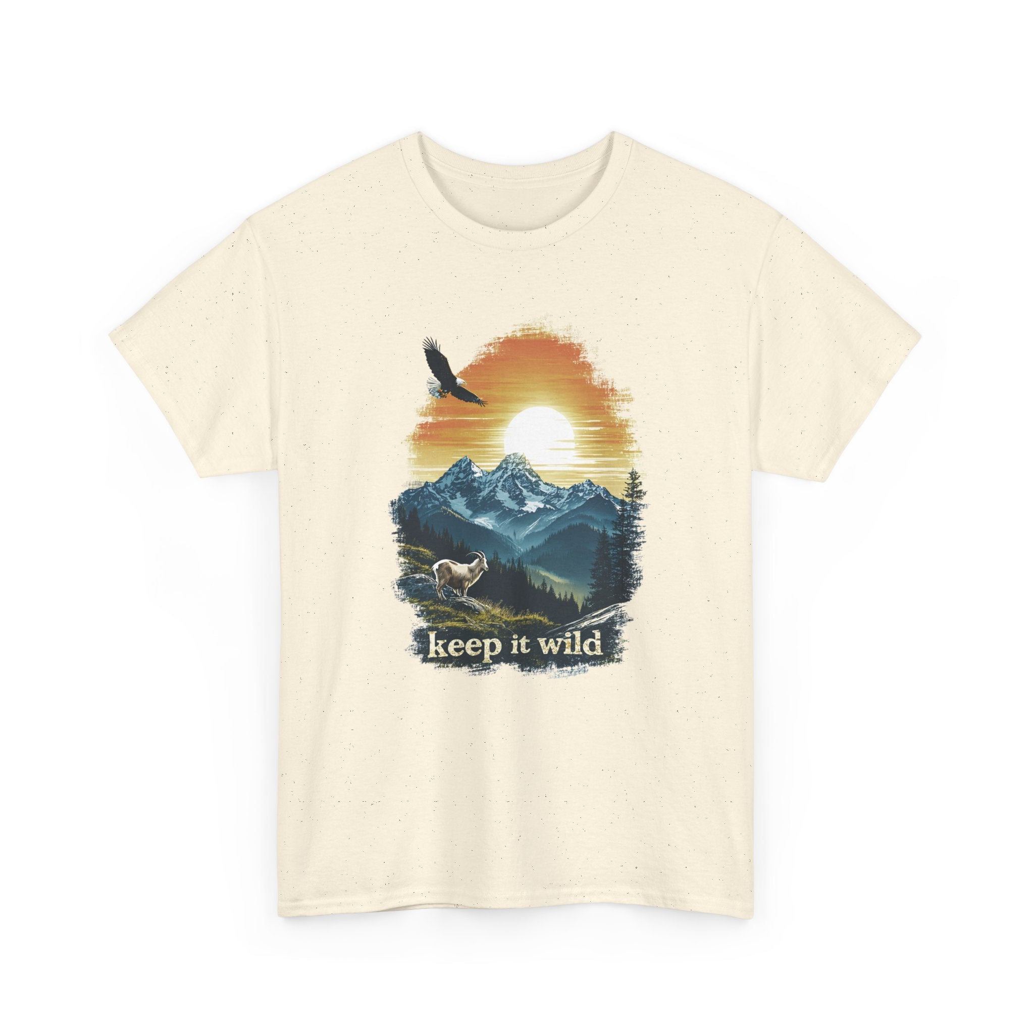 Beige t-shirt with nature graphic and 'keep it wild' text on a white background