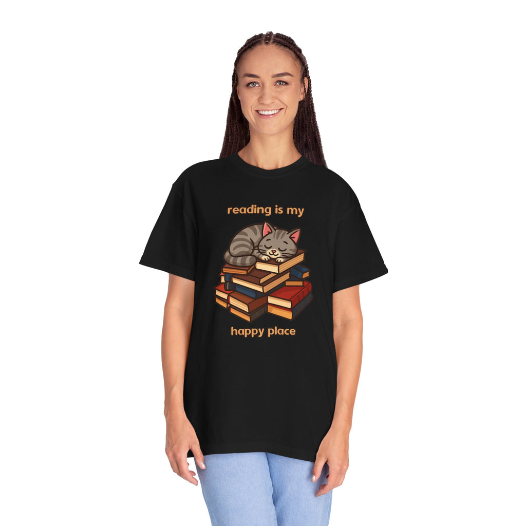 Reading Is My Happy Place T-Shirt — Cute Cat on Books Graphic Tee