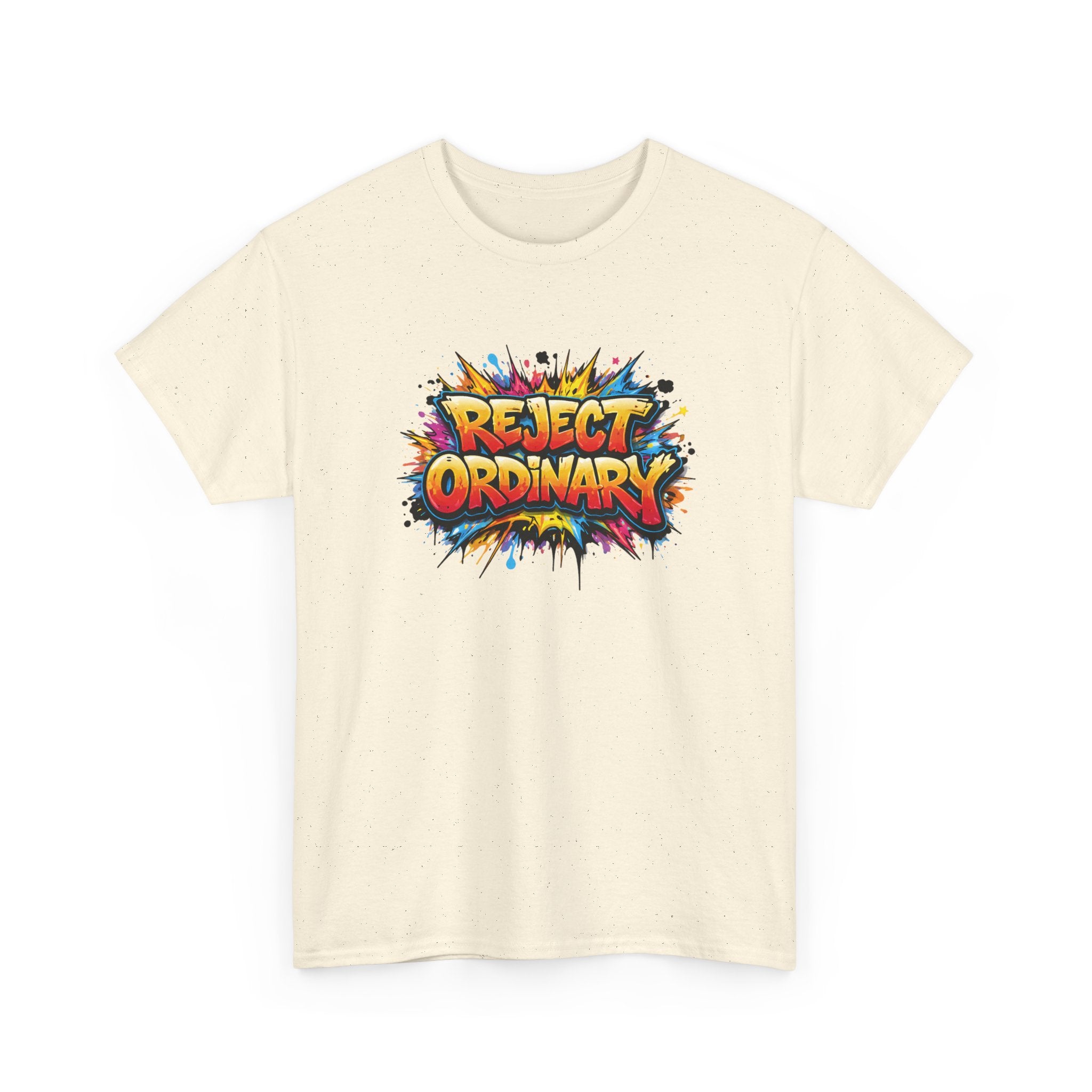 colorful 'Reject Ordinary' graphic design, bold script, graffiti style color explosion