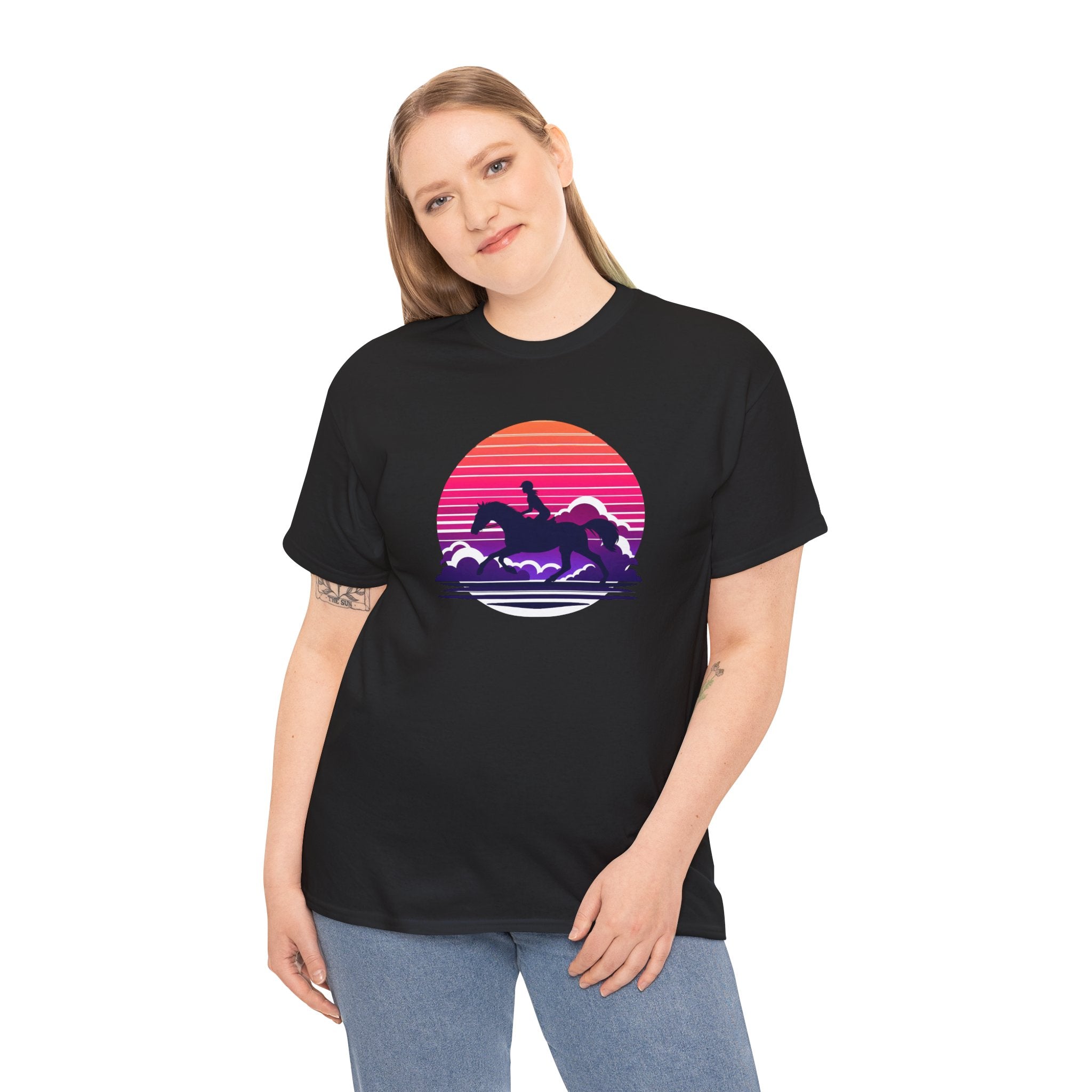 Woman Ride Horse Sunset T-Shirt — Retro Silhouette Beach Vibe Tee