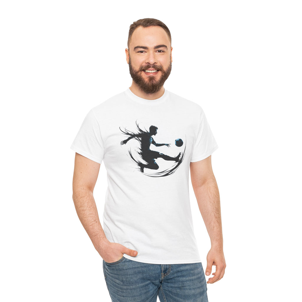 Soccer Player Silhouette Tee — Dynamic Kicking Football Graphic T-Shirt