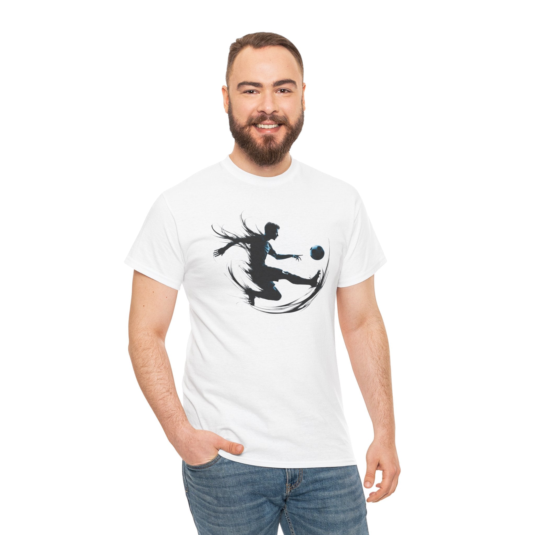 Soccer Player Silhouette Tee — Dynamic Kicking Football Graphic T-Shirt