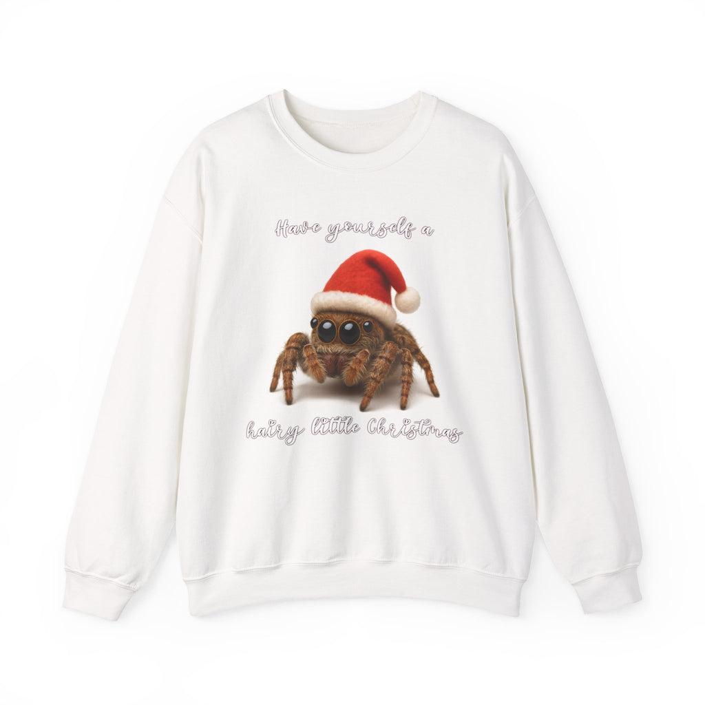 Cute jumping spider wearing a Santa hat with festive holiday text saying ‘Have Yourself a Hairy Little Christmas.