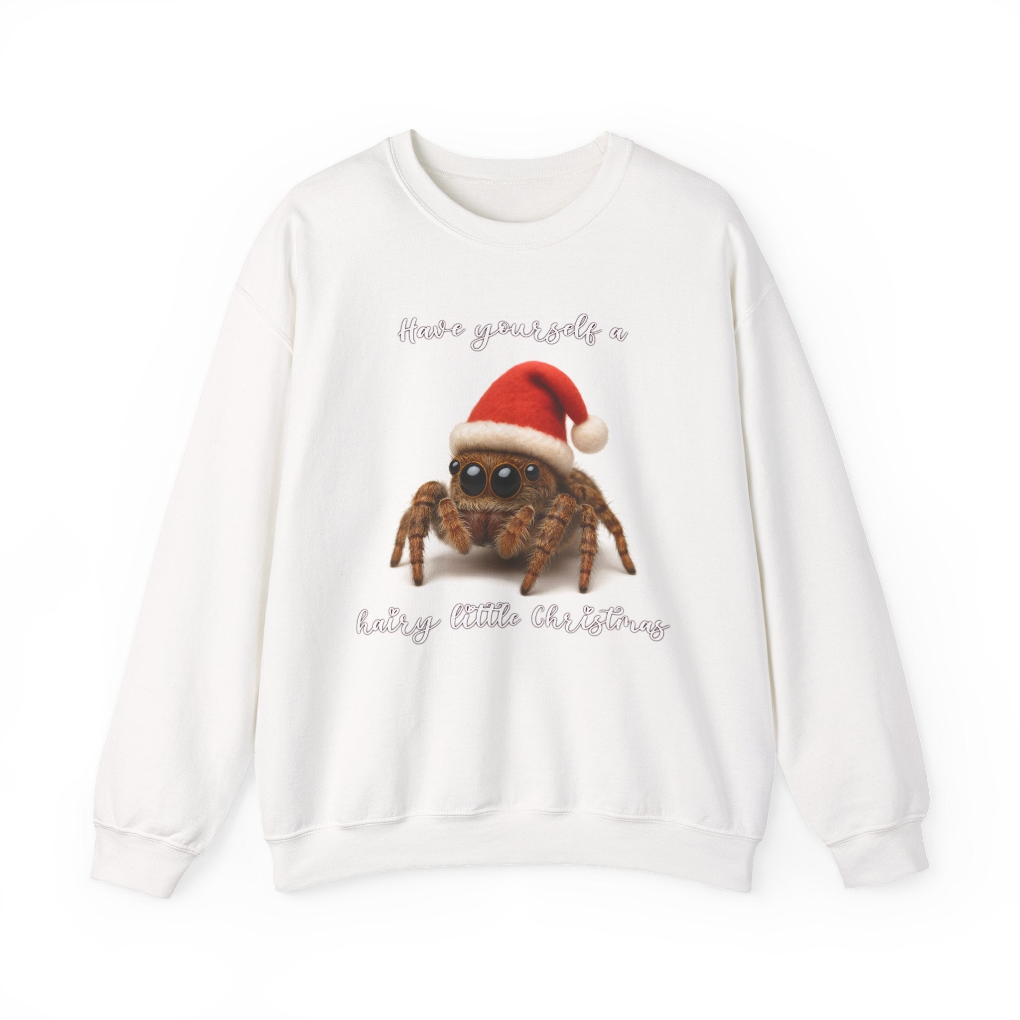 Cute jumping spider wearing a Santa hat with festive holiday text saying ‘Have Yourself a Hairy Little Christmas.