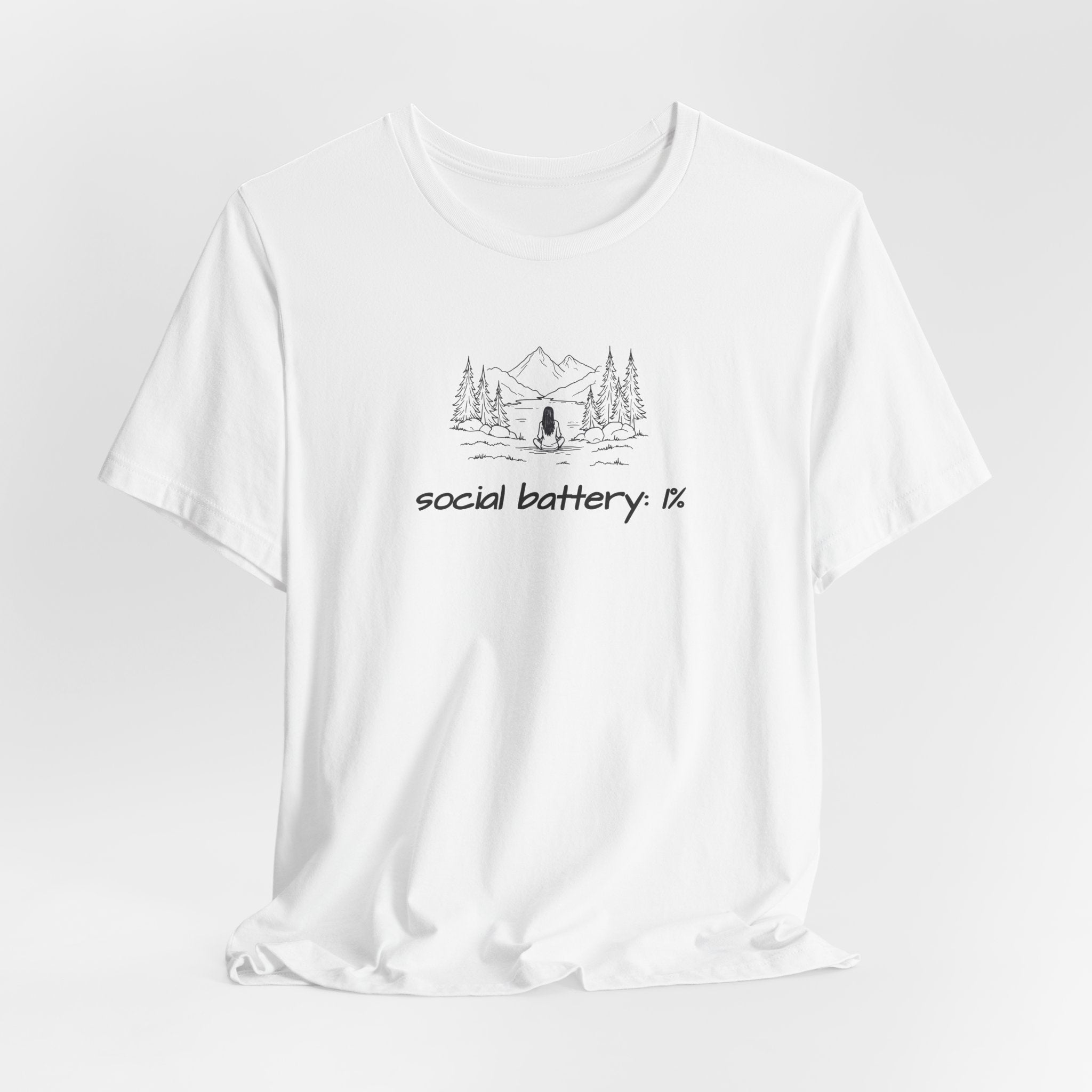 Social Battery Low T-Shirt — Minimal Camping Nature Graphic Introvert Tee