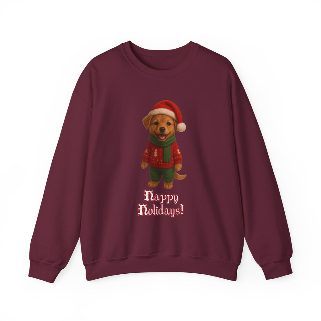 Crewneck Sweatshirt — Cute Puppy in Santa Outfit “Happy Holidays!” Christmas Sweater