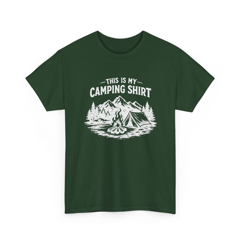 t-shirt with white text 'this is my camping shirt' on a white background