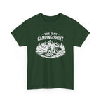 t-shirt with white text 'this is my camping shirt' on a white background