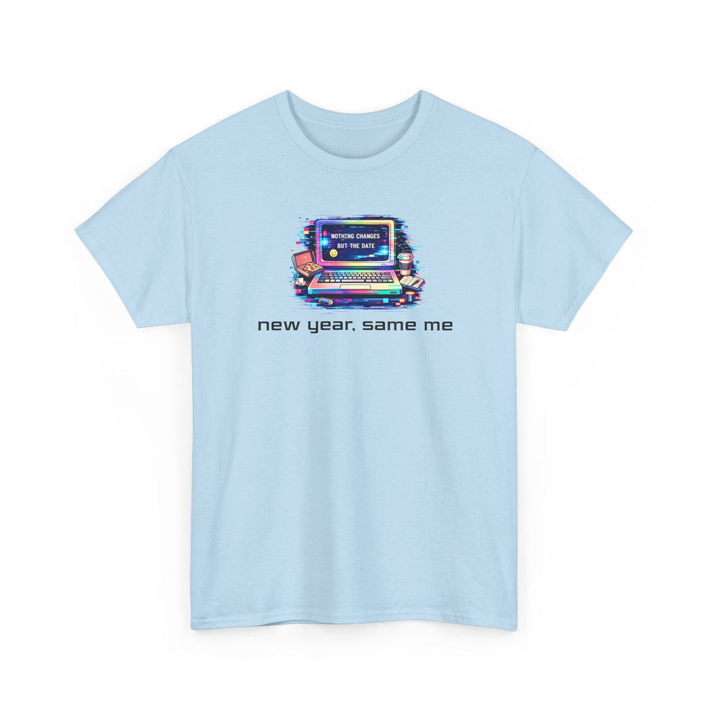 a colorful graphic of a laptop computer in y2k glitch style and text 'new year, same me'