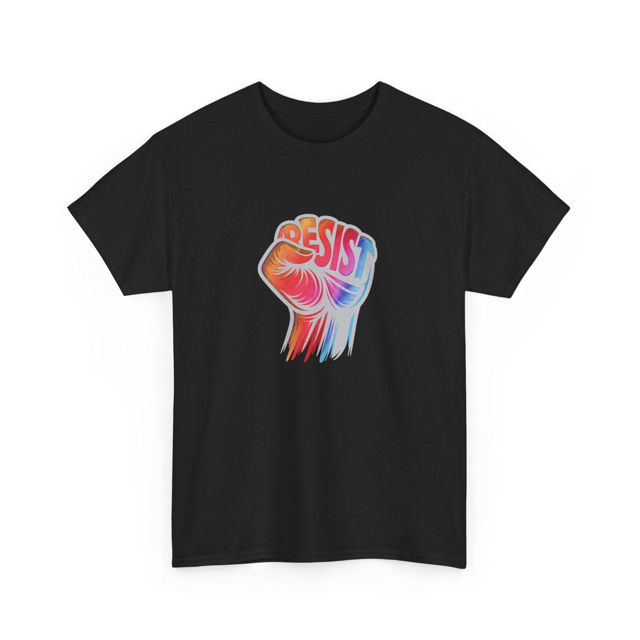 White t-shirt with colorful graphic of a raised fist and 'RESIST' text on a white background