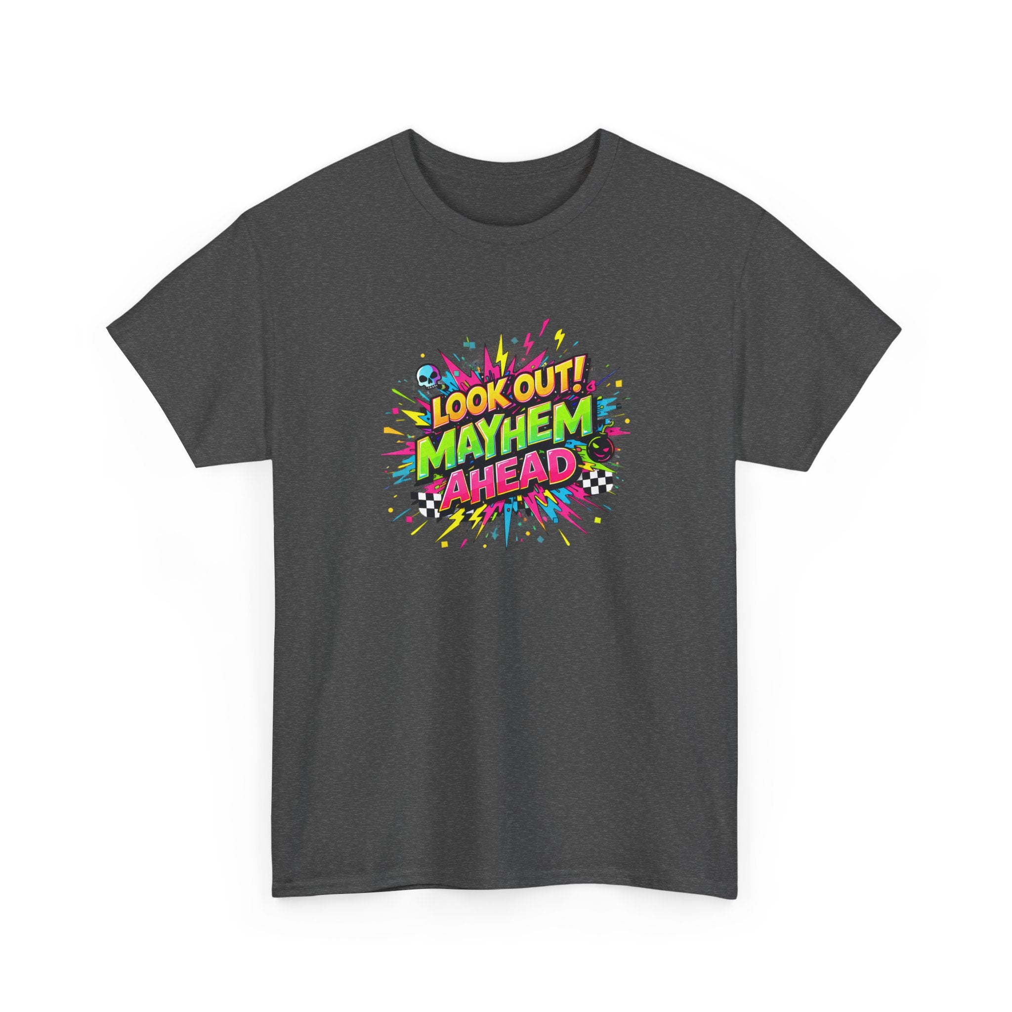 colorful 'Look Out! Mayhem Ahead' text design in graffiti explosion style