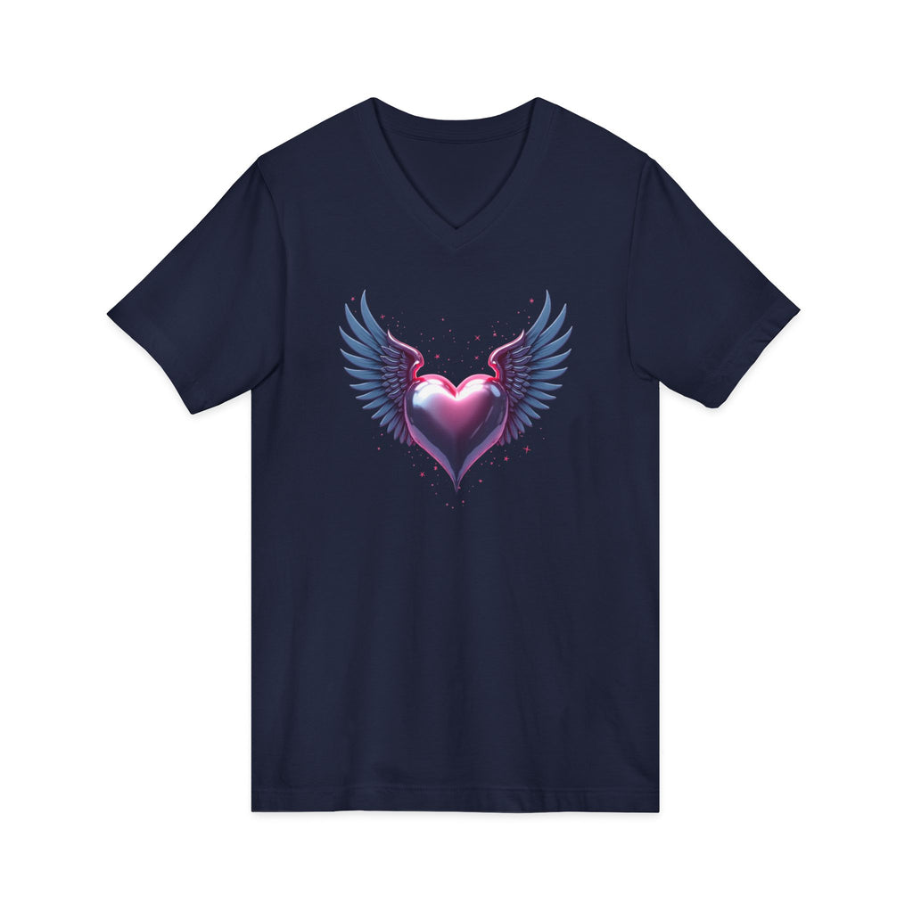 Winged Heart V-Neck Tee — Romantic Angel Wings Heart Graphic Shirt