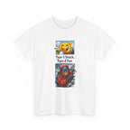 White t-shirt with a graphic design featuring a character hiking in snow  and text 'type 1 snack type 2 fun' on a white background